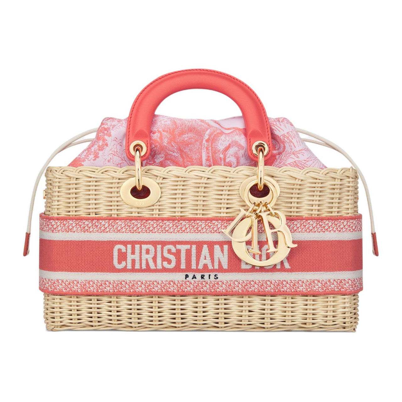 DIOR DIORIVIERALady D-JOY Jacquard Fabric Wicker Shoulder Bag Crossbody Bag Handbag Medium Size Women's Coral
