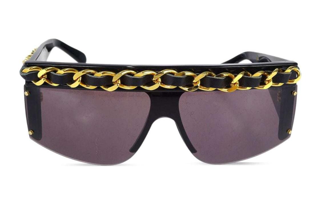 CHANEL 1990-2000s Leather-and-chain Trimmed Shield Sunglasses