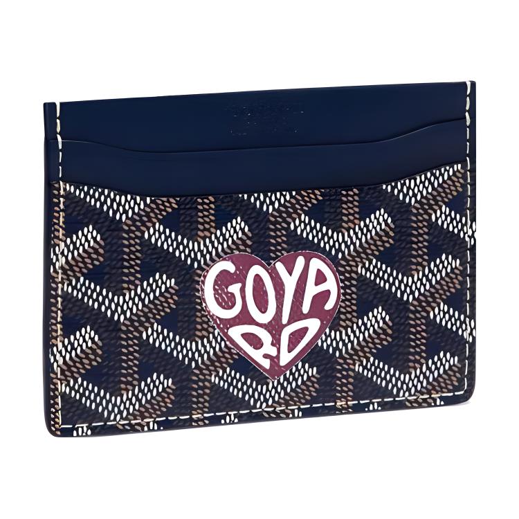 GOYARD Saint-Sulpice Canvas With Calfskin Card Clip Card Holder Unisex Marine Blue With Burgundy Small Heart