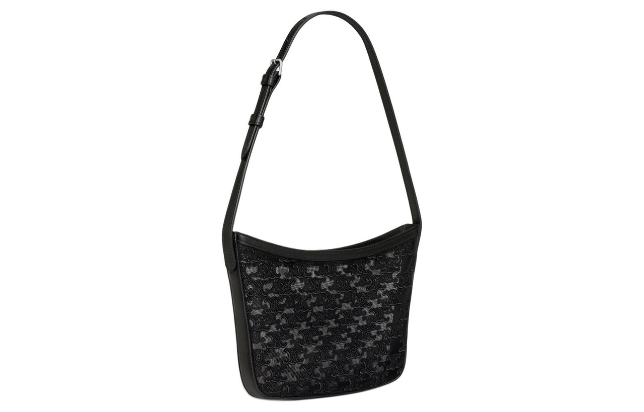 CELINE Croque Fabric Cow Leather Patchwork Binding Handbag Shoulder Bag Women's Black