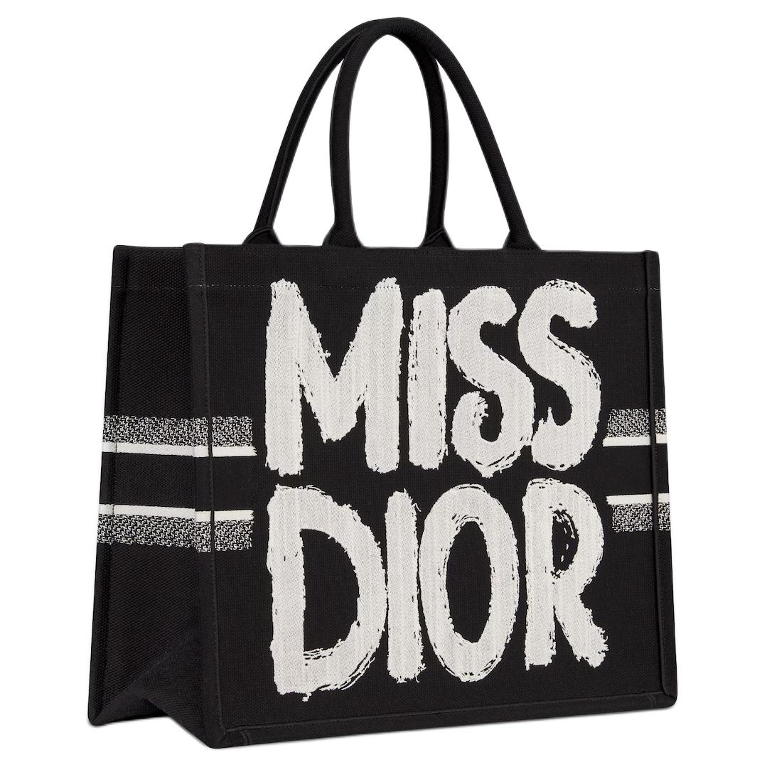 DIOR BookTote Cotton Tote Bag Shopping Bag Handbag Large Size Women's Black White