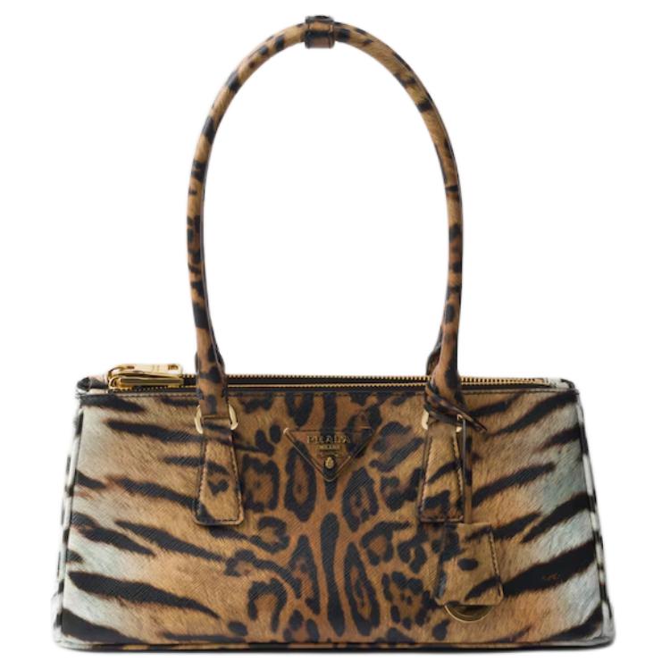 PRADA Cow Leather Shoulder Bag Medium Size Women's Beige & Black