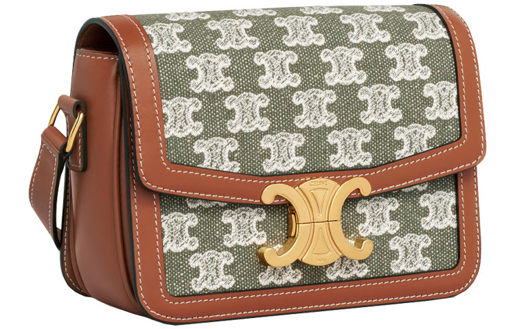 CELINE Embroidery With Fabric And Cow Leather Shoulder Bag, Crossbody Bag Women's Khaki Green