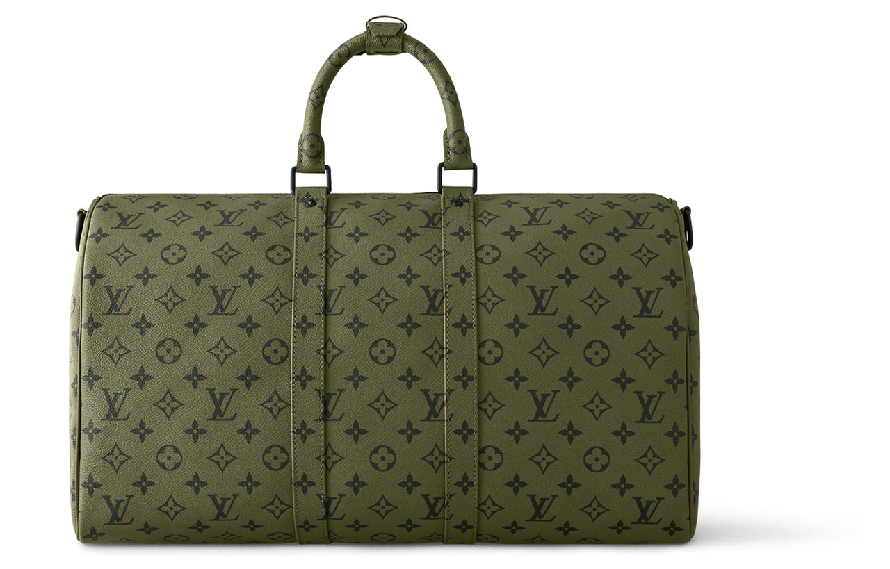 LOUIS VUITTON Keepall Bandouliere 45 Khaki Green/Vermillion Red