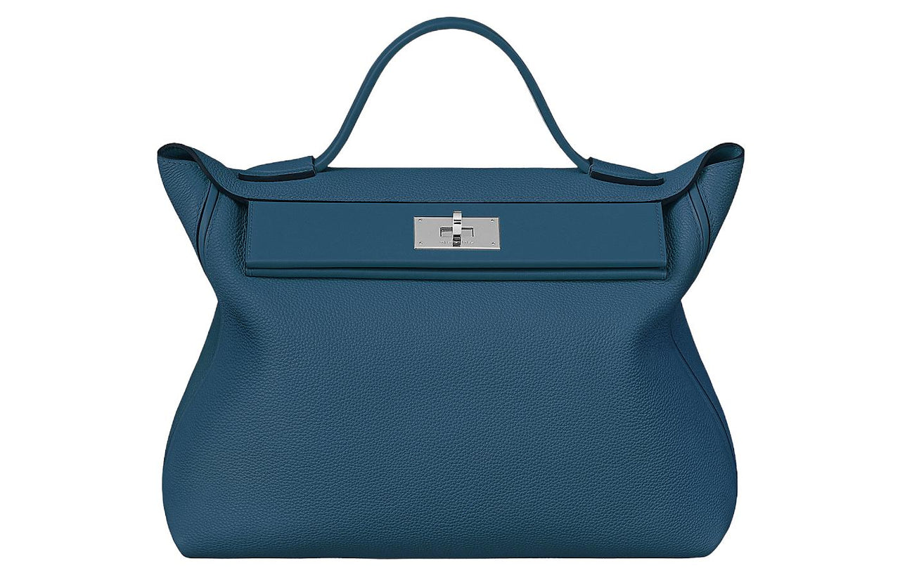 HERMES 24/24 Aurillon Maurice Leather Patchwork Barenia Calfskin Handbag Women's Blue