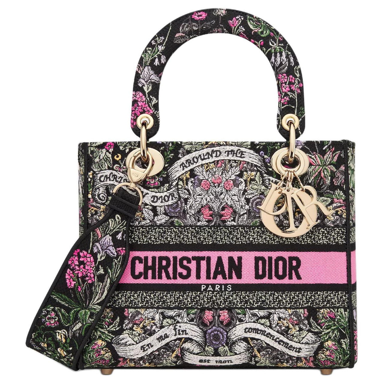 DIOR Lady D-Lite Cotton Tote Bag Shopping Bag Shoulder Bag Crossbody Bag Handbag Medium Size Women's Red & Black