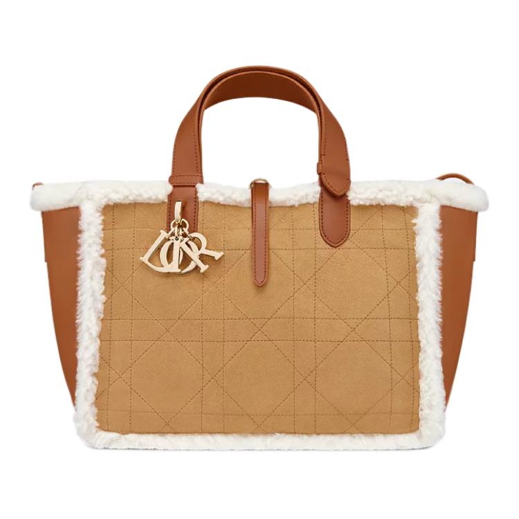 DIOR Suede With Lambskin Shearling Handbag Medium Size Women's Khaki Brown