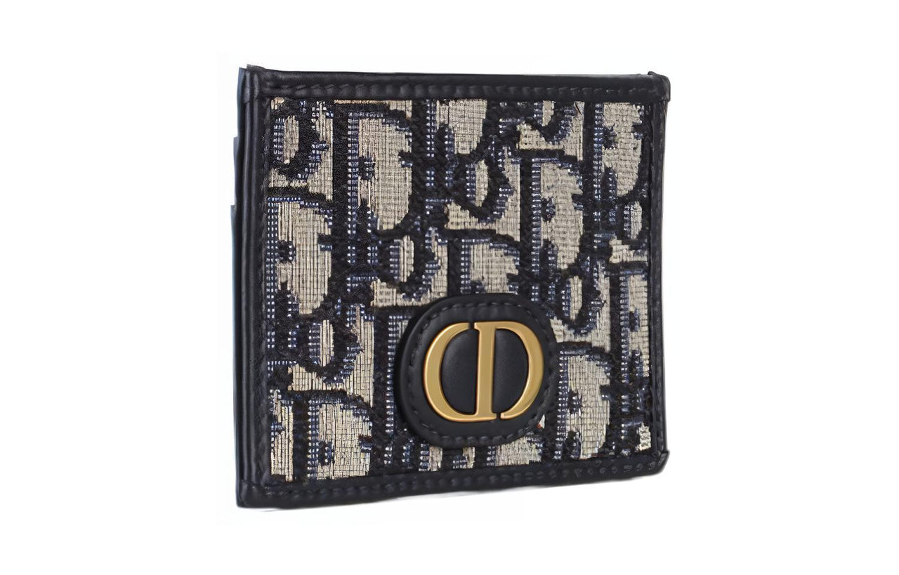DIOR 30 Montaigne Collection Leather Trim Card Clip Card Holder Unisex Blue