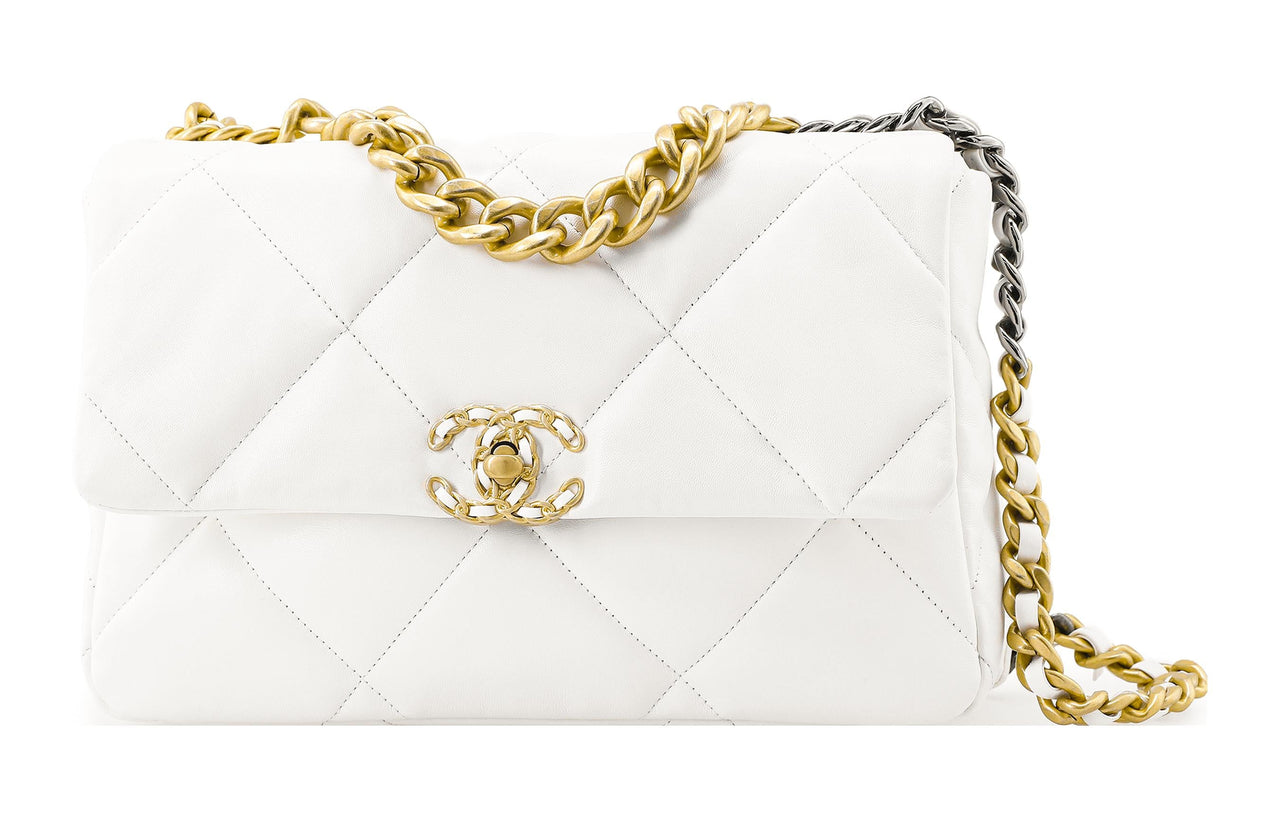 CHANEL 19Bag Goatskin Handbag Shoulder Bag Crossbody Bag Large Size Women's White