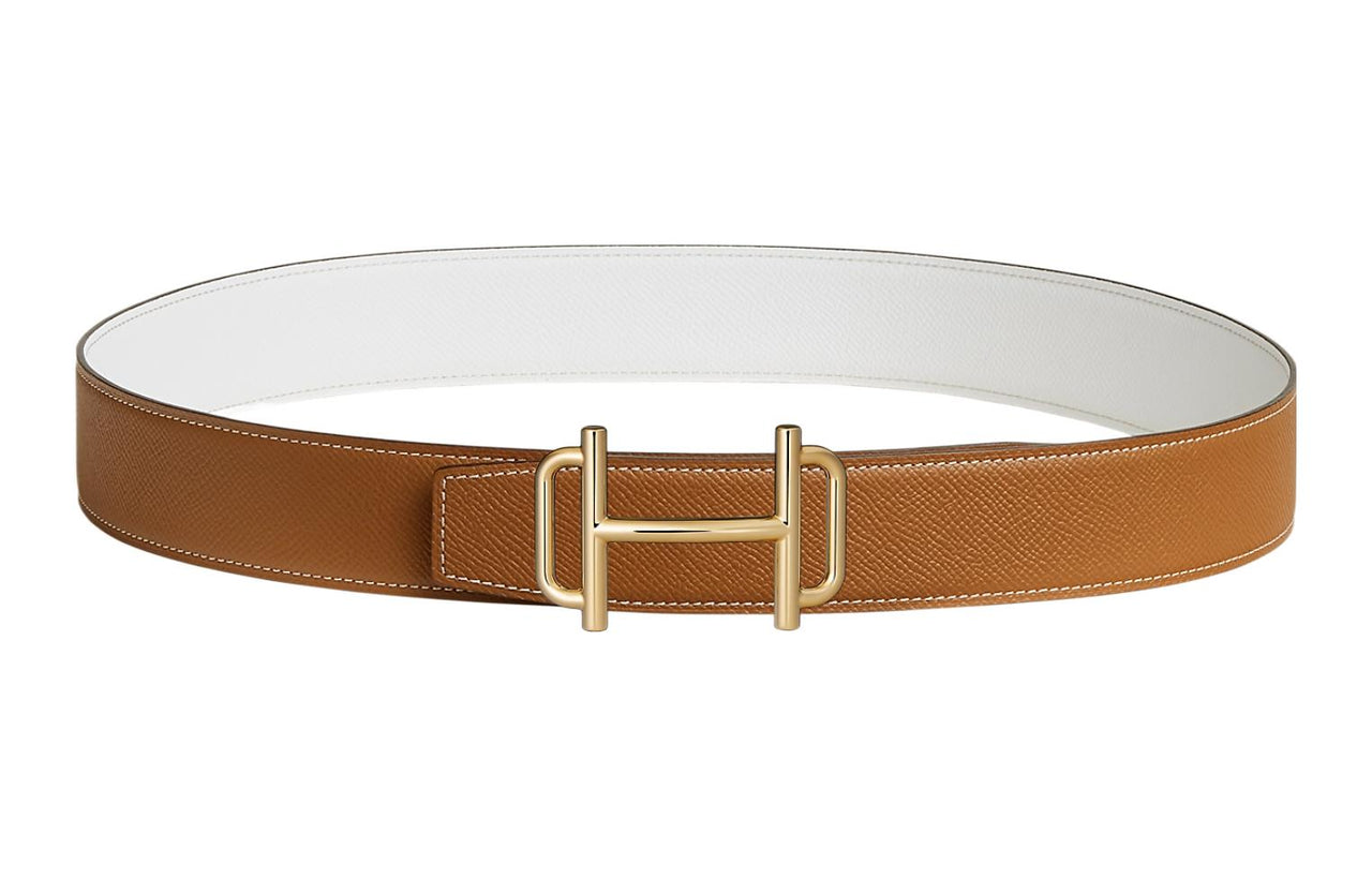 HERMES Avant-Garde Gold Buckle Epsom Calfskin Double-Sided Leather Belt Men's Brown/White Width: 3.8cm