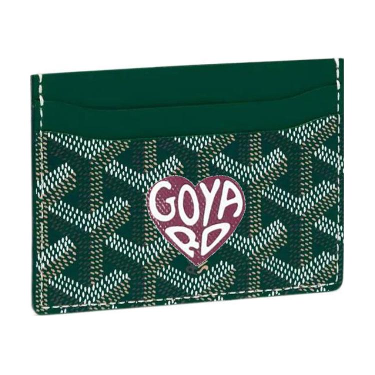 GOYARD Saint-Sulpice Canvas With Calfskin Card Clip Card Holder Unisex Green & Burgundy Small Heart
