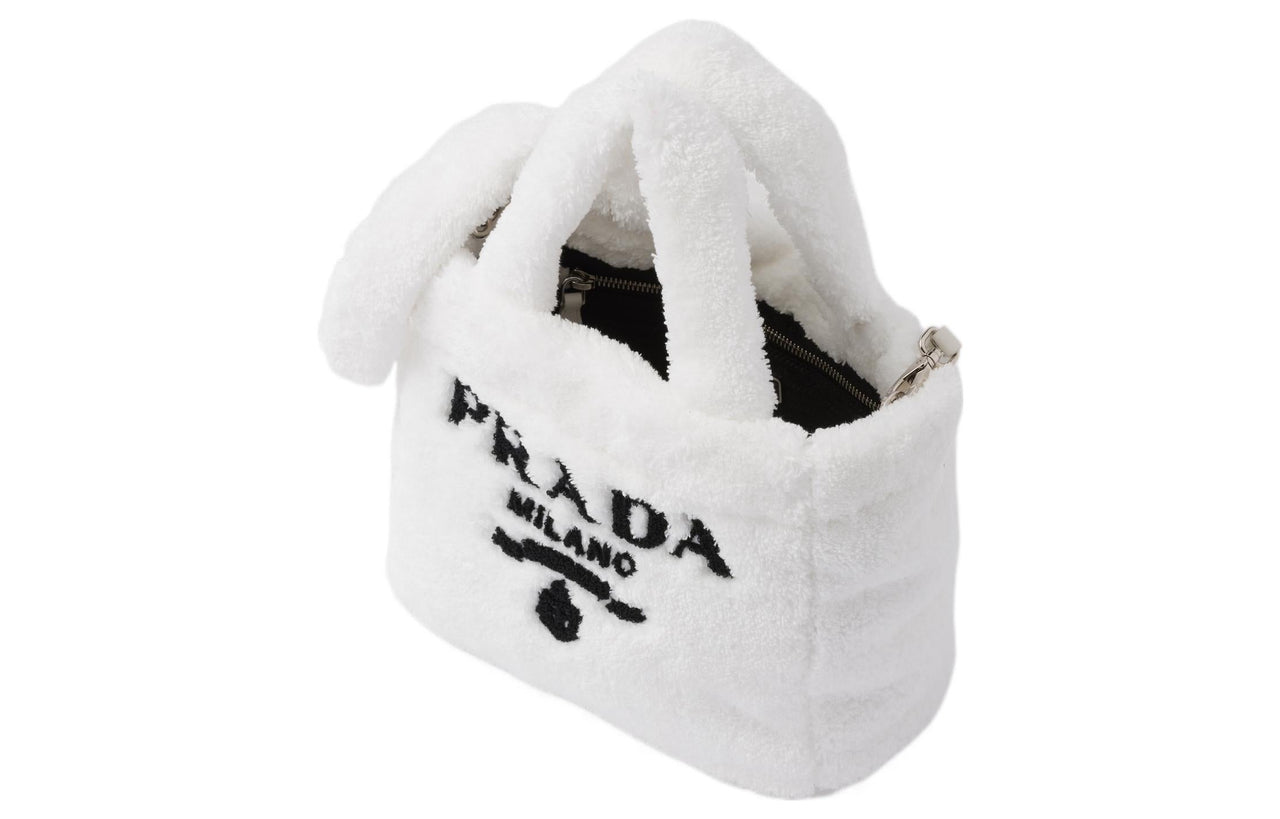PRADA Embroidered Patchwork Fabric Tote Bag Shopping Bag Handbag Mini Women's Black/White