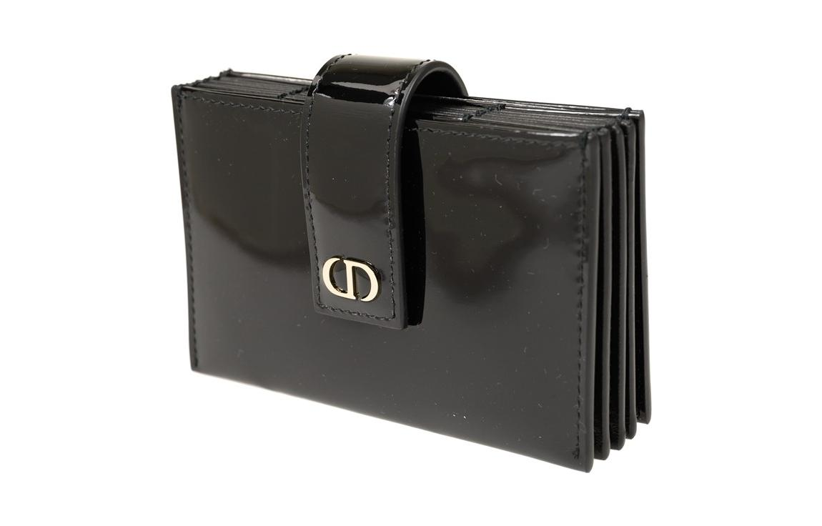 DIOR 30 Montaigne Patent Leather Cowhide Card Holder Wallet Small Size Women's Black