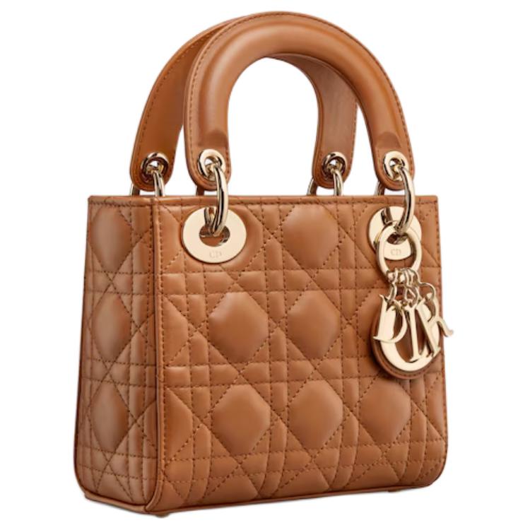 DIOR Lambskin Lady Dior Bag, Shoulder Bag, Crossbody Bag, Handbag Mini Women's Gold Brown