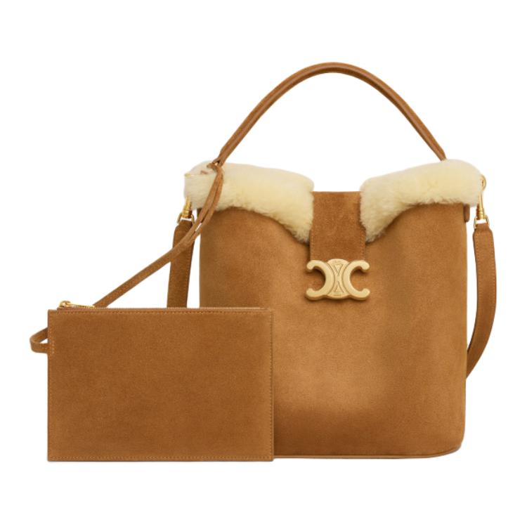 CELINE Cow Leather Suede Bucket Bag Handbag Shoulder Bag Crossbody Bag Medium Size Women's Smoke