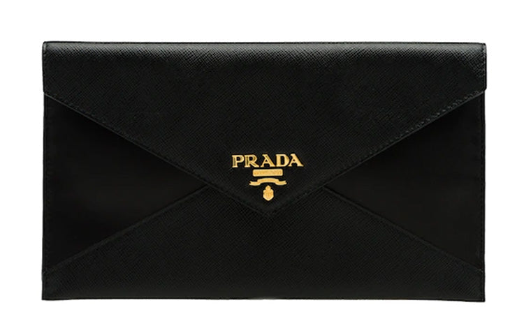 PRADA Cow Leather Envelope Bag Wallet Card Holder Clutch Women's Black