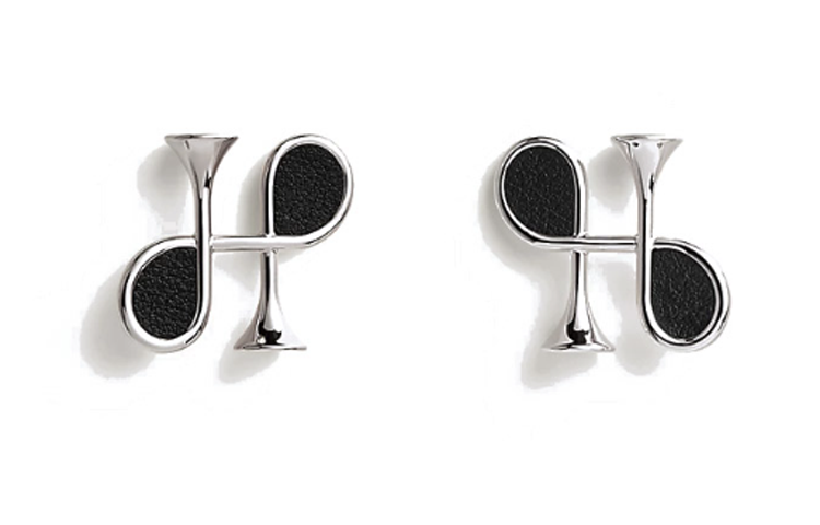 HERMES Palladium-Plated Calfskin Earrings Women's Silver/Black