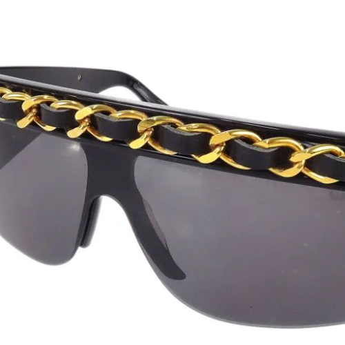 CHANEL 1990 2000s Leather and chain Trimmed Shield Sunglasses