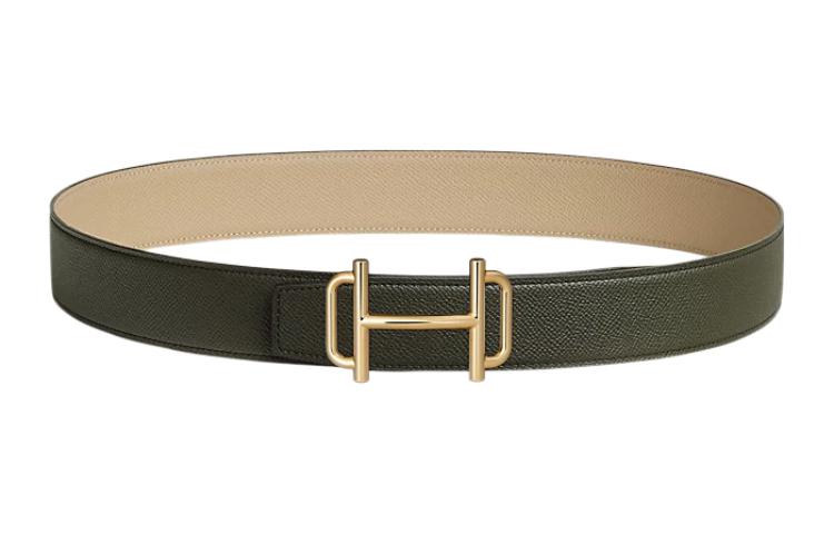HERMES Avant-Garde Gold Buckle Epsom Calfskin Double-Sided Leather Belt Men's Gray Green/Windbreaker Beige Width: 3.8cm