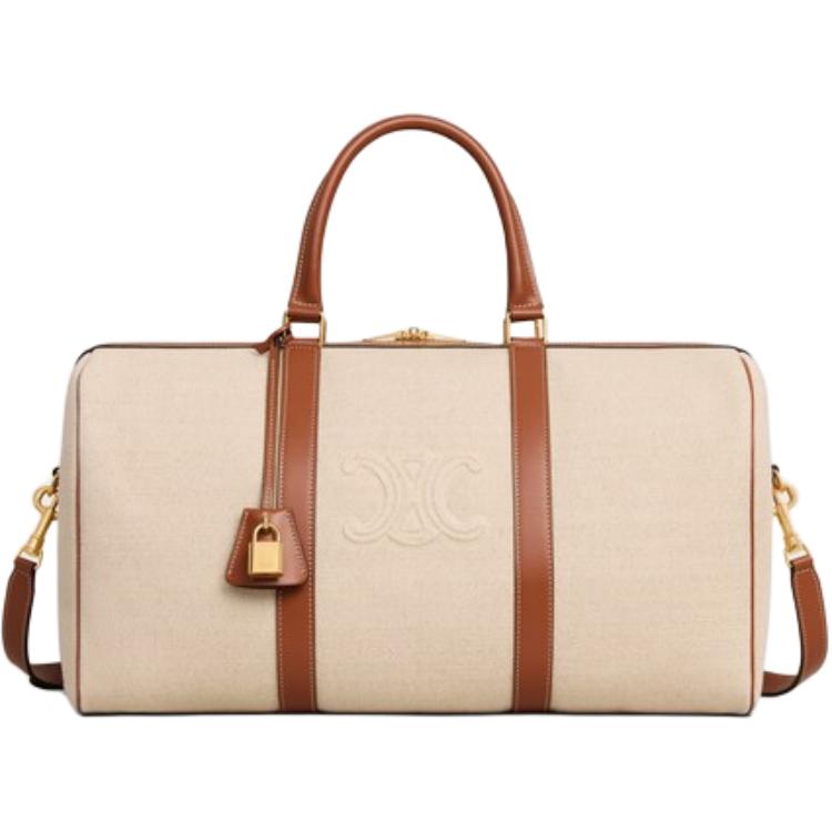 CELINE Fabric With Calfskin One Shoulder Crossbody Handbag, Travel Bag Women's Natural & Brown