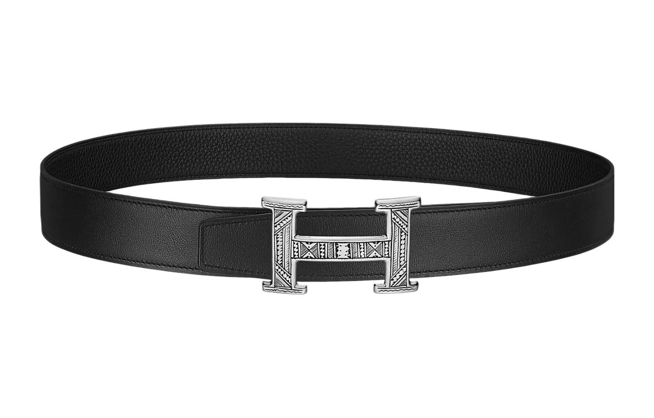 HERMES Avant-Garde Minimalist Style Silver Buckle Togo Calfskin Double-Sided Leather Belt Men's Black Width: 3.2cm