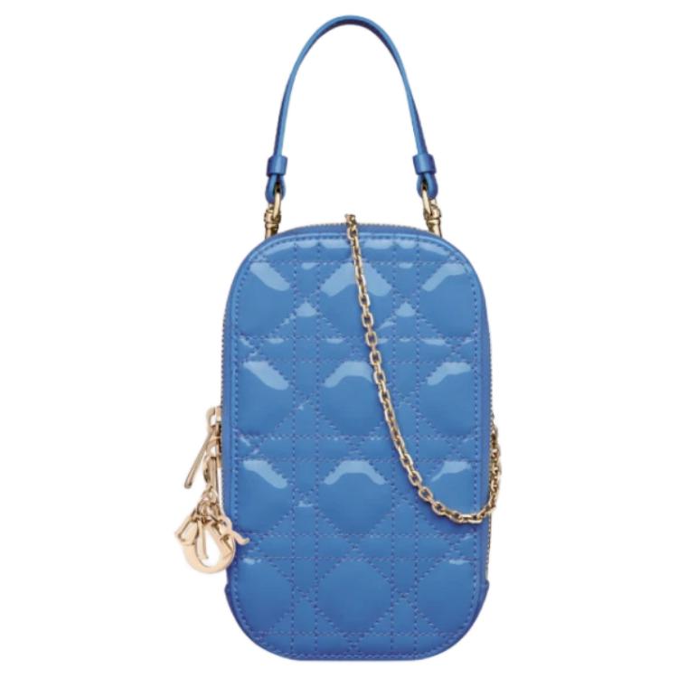 DIOR Lady Dior Patent Leather One Shoulder Crossbody Portable Cell Phone Pouch Women's Cornflower Blue