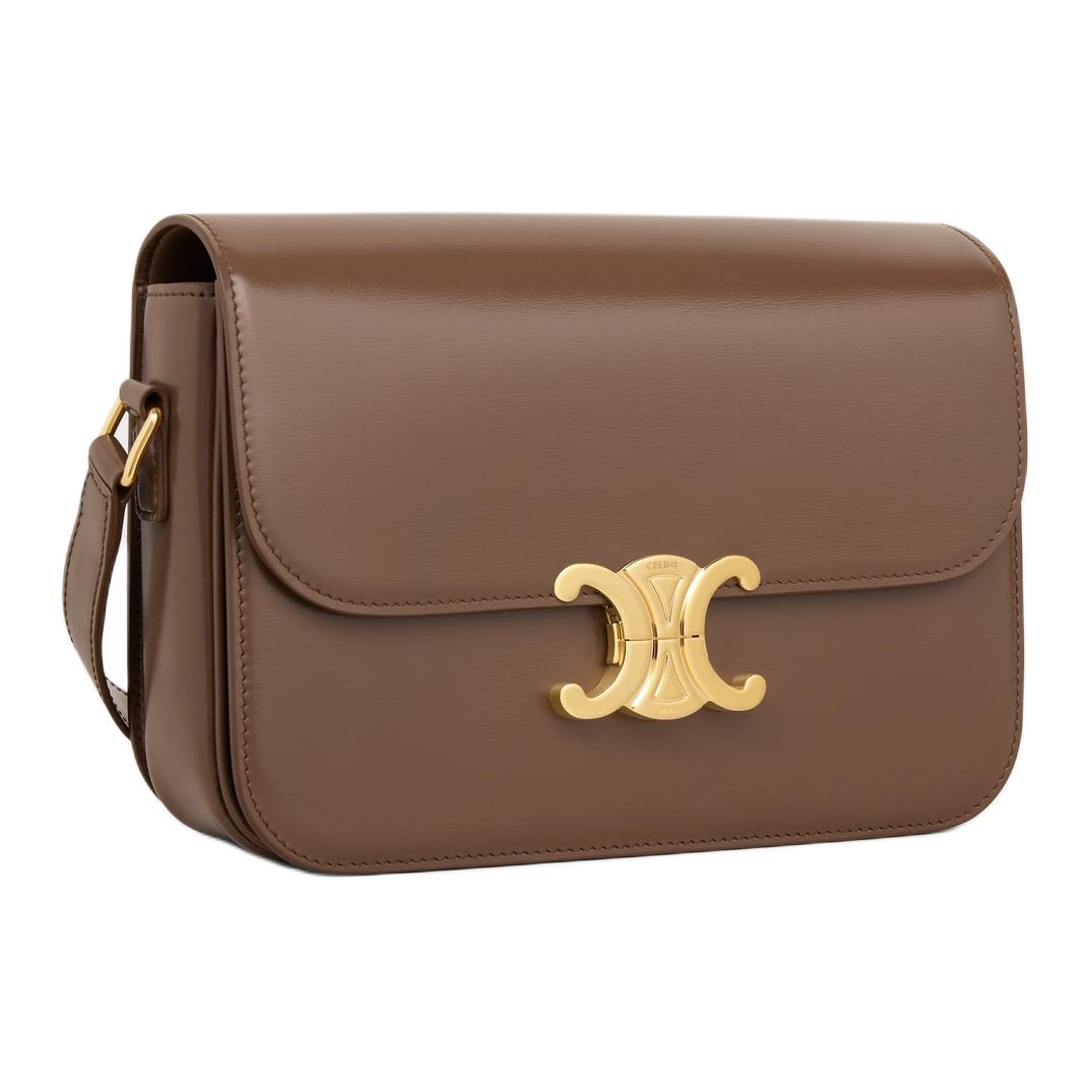 CELINE Calfskin Shoulder Bag Crossbody Bag Regular Women's Glazed Surface Brown
