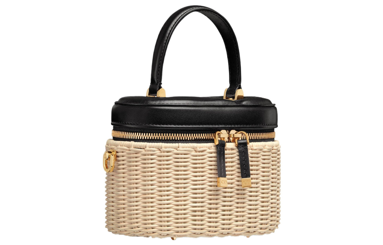 DIOR Wicker With Cow Leather Shoulder Bag, Crossbody Bag, Handbag Trumpets Women's Black & Natural