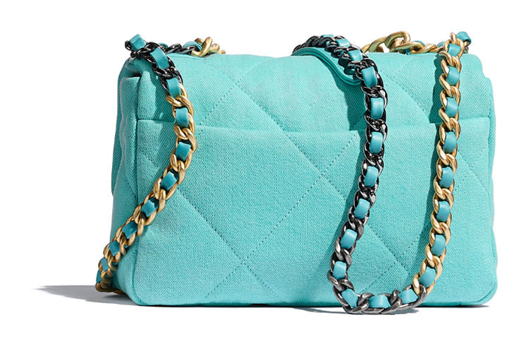 CHANEL 19Bag Denim With Calfskin Shoulder Bag Crossbody Bag Small Size Women's Fluorescent Blue