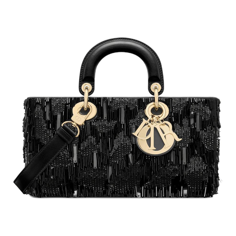DIOR Lady D-JOY Cotton With Cow Leather Shoulder Bag Crossbody Bag Handbag Medium Size Women's Black