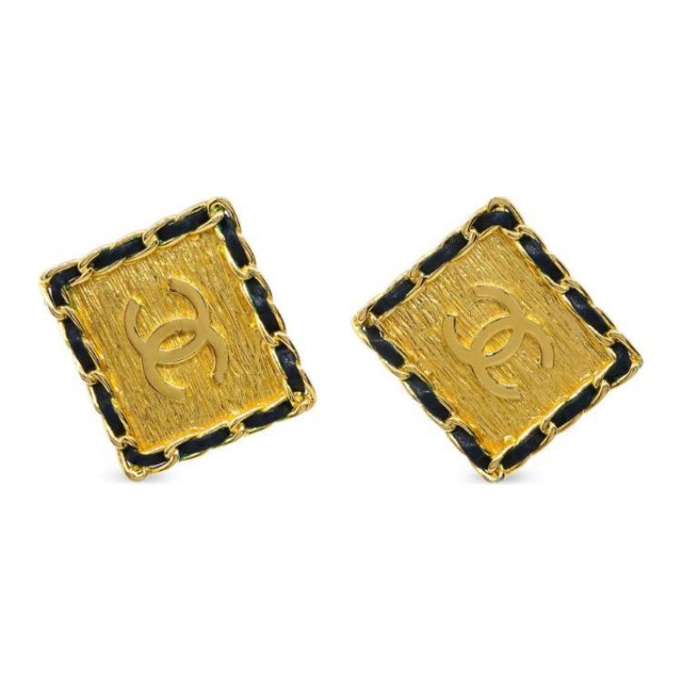 CHANEL 1991 Leather trimmed Clip on Earrings