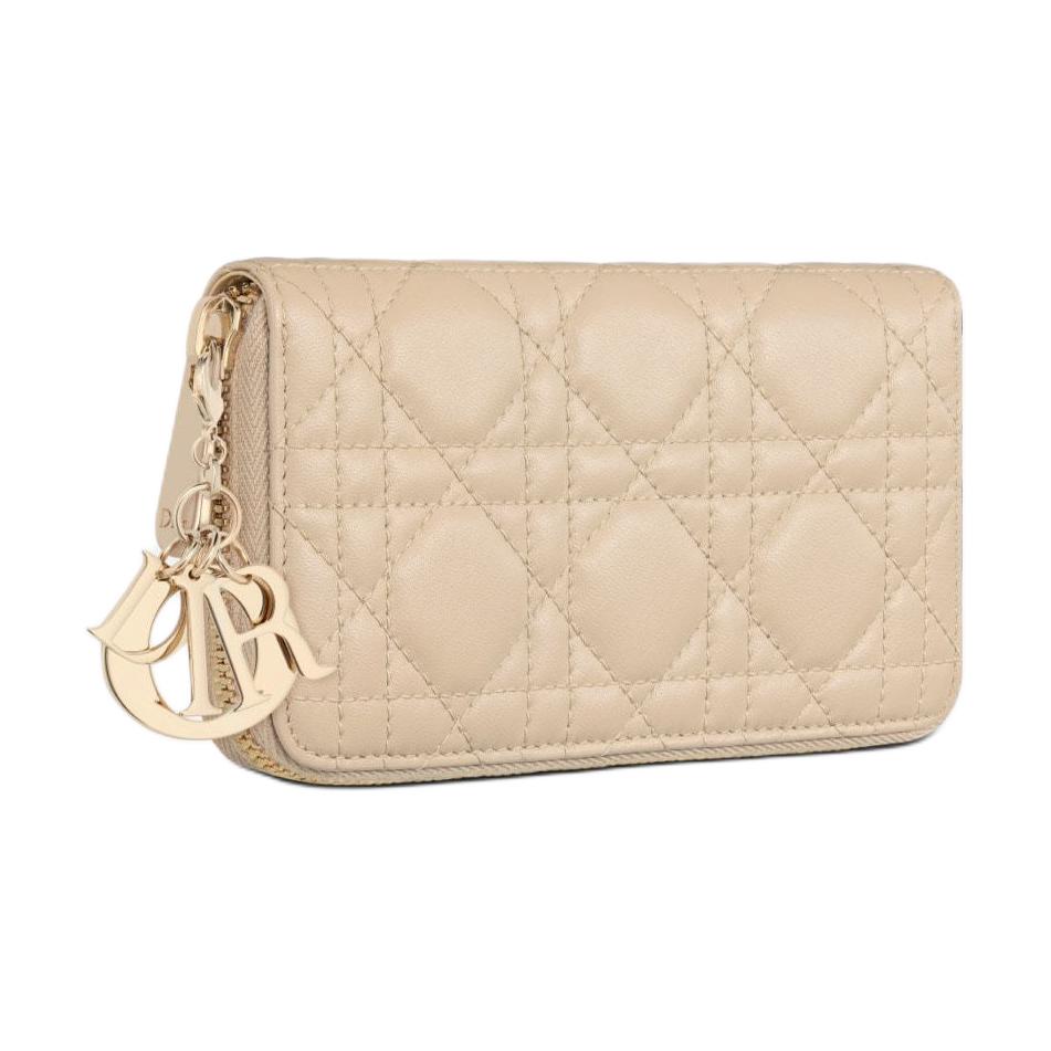 DIOR Lady Dior Lambskin Wallet Medium Size Women's Pink Beige