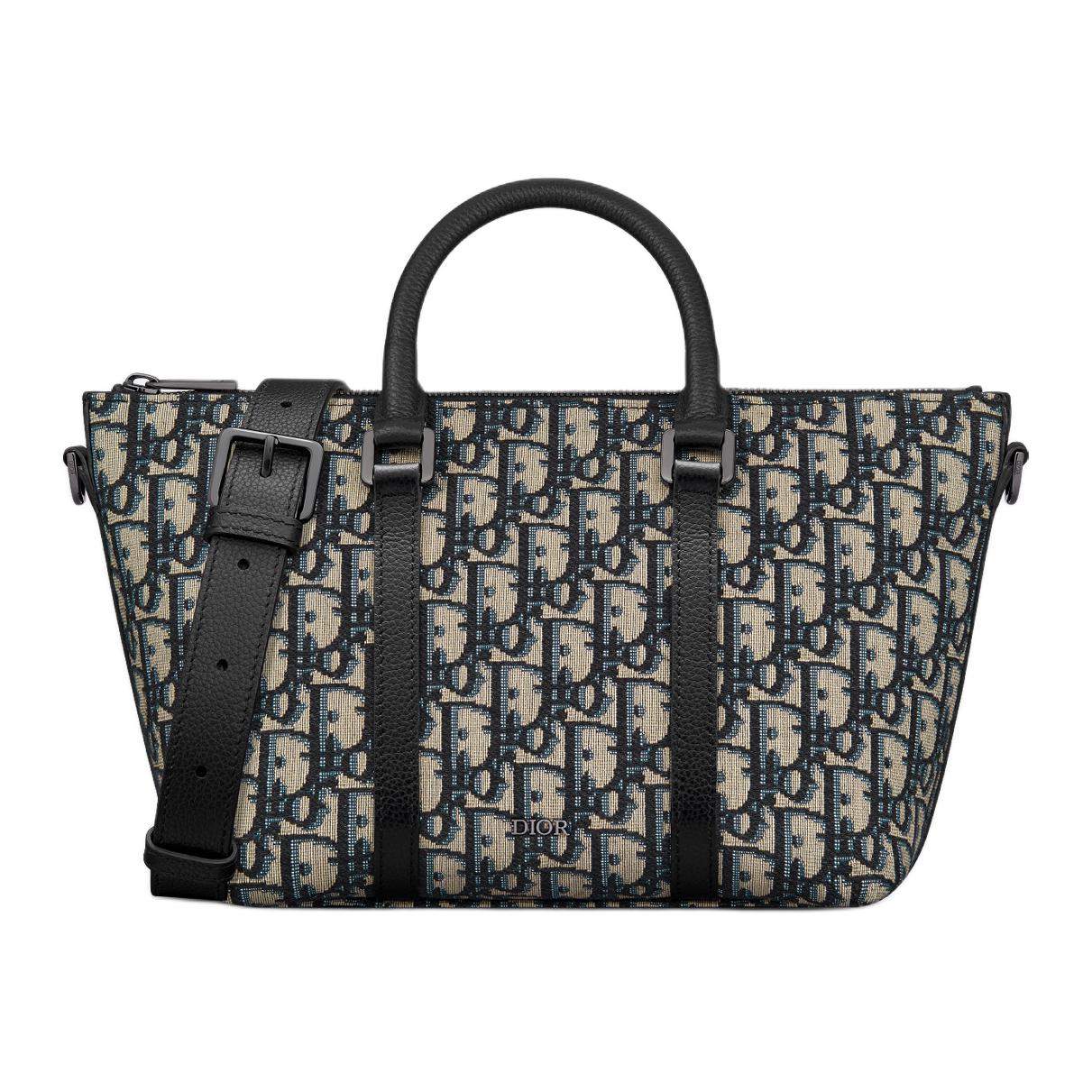 DIOR Oblique Printed Fabric Grained Cow Leather Shoulder Bag Crossbody Bag Men's Beige & Black