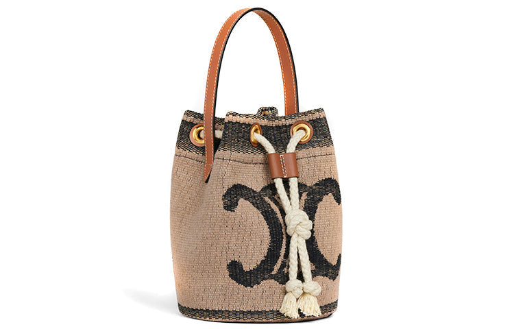 CELINE Cow Leather With Fabric Bucket Bags One Shoulder Handbags Women's Beige & Black
