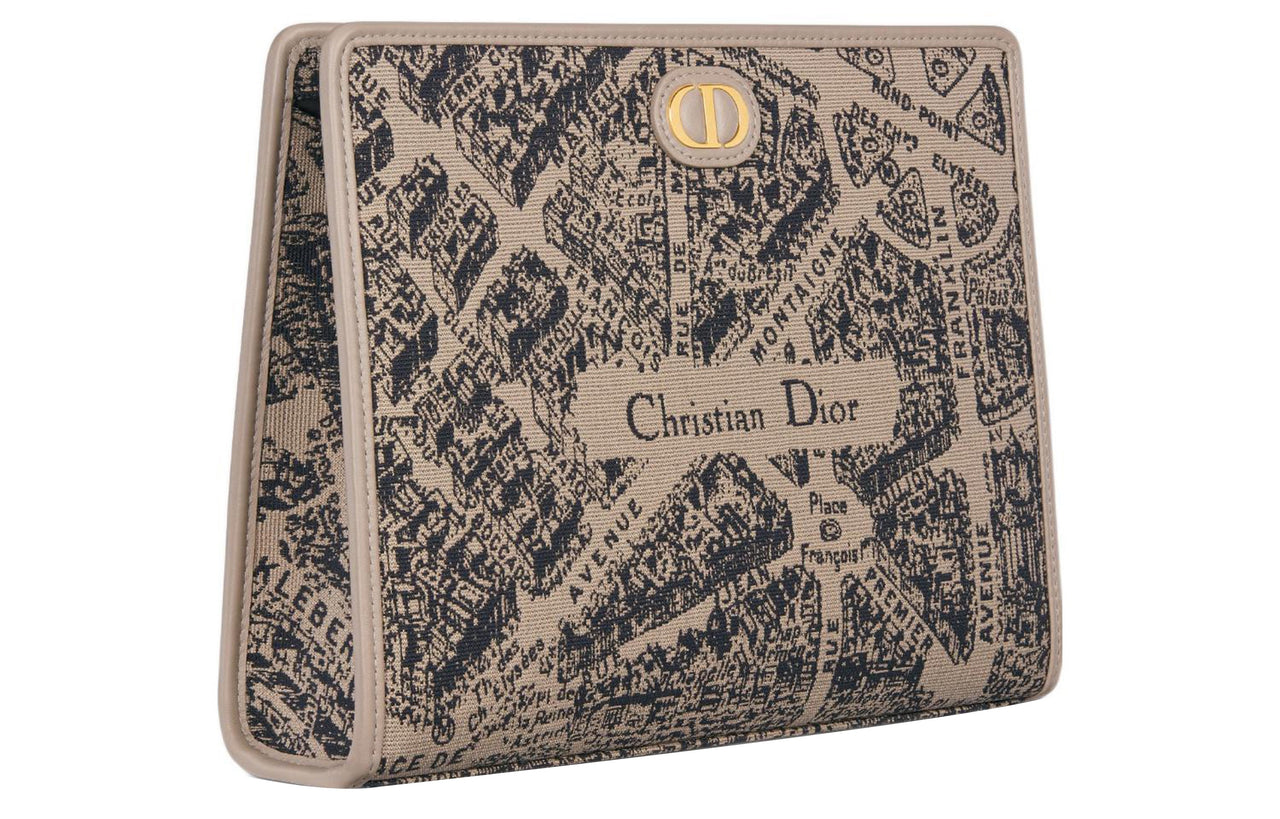 DIOR 30 Montaigne Jacquard Fabric Clutch Medium Size Women's Beige/Black