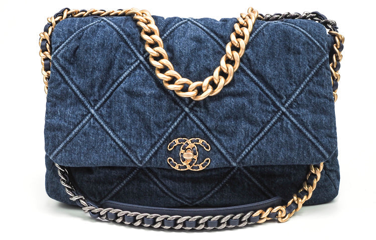CHANEL 19Bag Denim Mouth Cover Bag Messenger Bag Crossbody Bag Large Size Women's Blue