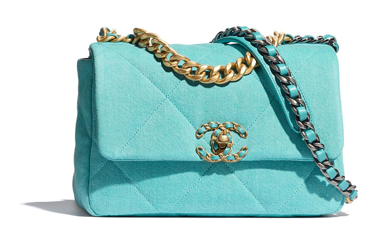CHANEL 19Bag Denim With Calfskin Shoulder Bag Crossbody Bag Small Size Women's Fluorescent Blue