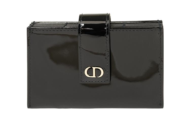 DIOR 30 Montaigne Patent Leather Cowhide Card Holder Wallet Small Size Women's Black