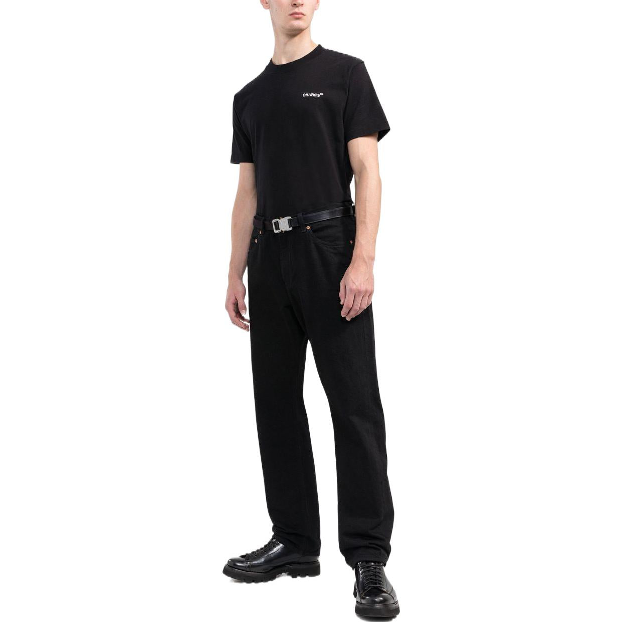 Men's Off-White FW22 Logo Printing Round Neck Pullover Short Sleeve Black T-Shirt OMAA027F22JER0081001