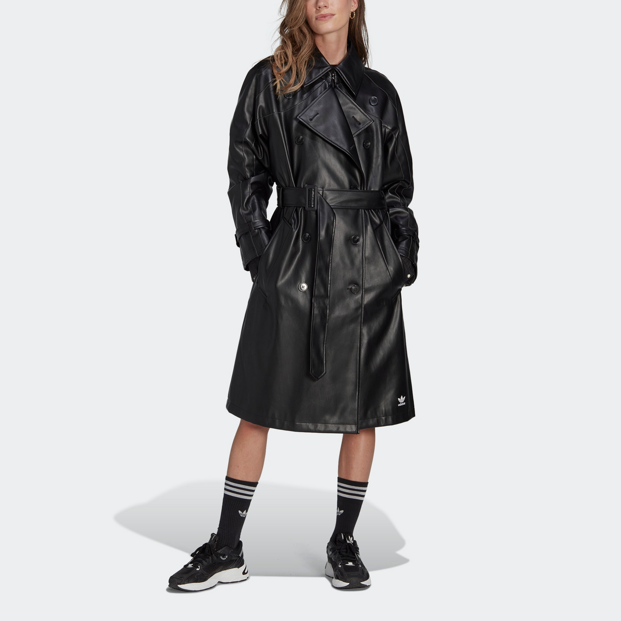(WMNS) adidas Adicolor Trefoil Faux Leather Trench Coat 'Black' II6083