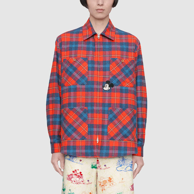 Gucci x Disney Embroidered Mickey Patch Checked Cotton Zip Shirt For Men Red 602688-ZADJX-6431