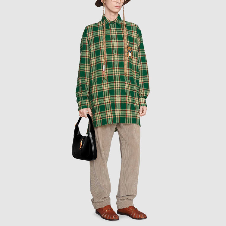 Men's Kai x Gucci Crossover SS21 Bear Pattern Plaid Long Sleeves Green Shirt 660433-ZAG11-3323