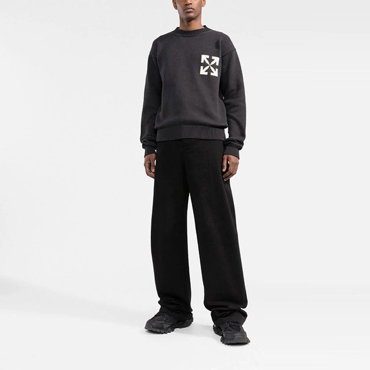 Men's Off-White FW22 Logo Intarsia Knit Round Neck Pullover Wool Sweater Loose Fit Black OMHE119C99KNI0011001