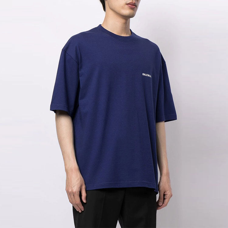 Men's Balenciaga FW21 Logo Round Neck Pullover Short Sleeve Blue 612966TIVG53967