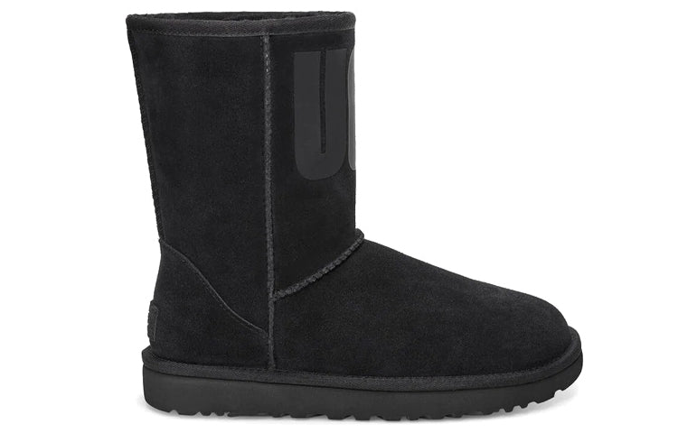 (WMNS) UGG Classic Short UGG Rubber Logo Snow Boots Black 1108230-BLK