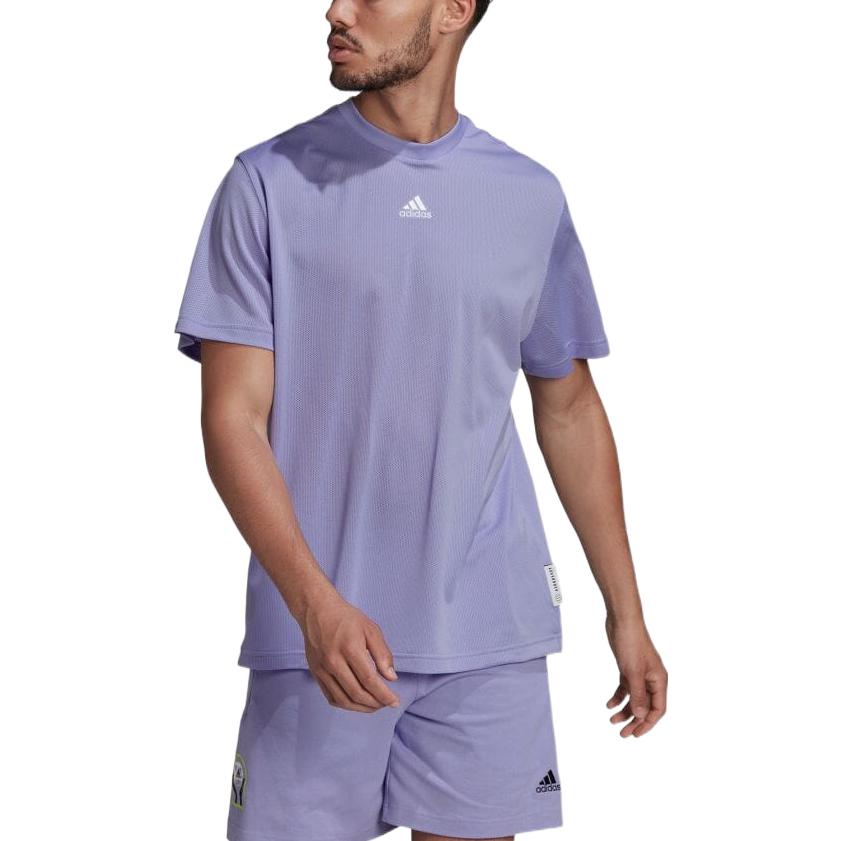 Men's adidas Mesh Breathable Large Logo Round Neck Short Sleeve Japanese Version Purple T-Shirt HB6555