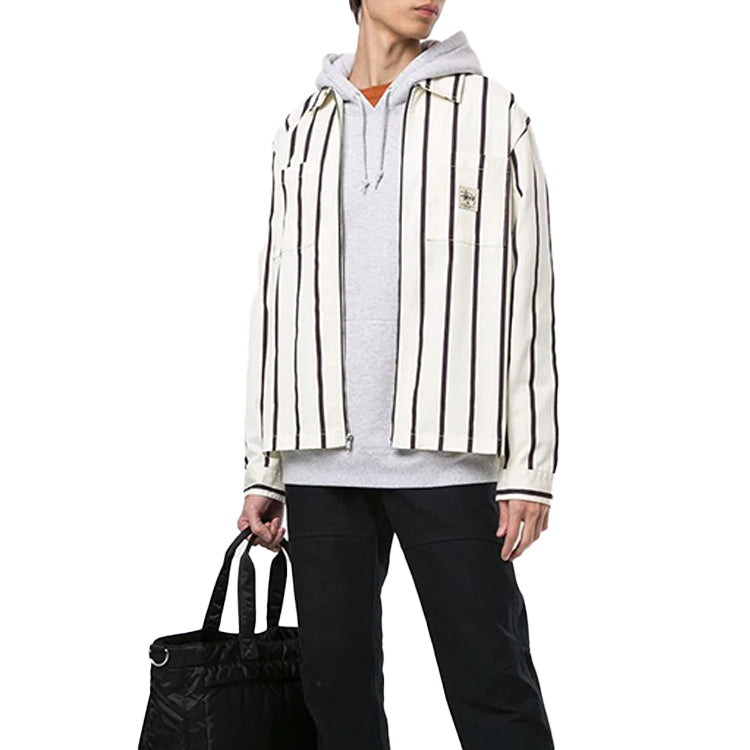 Men's Stussy Stripe Shirt Stand Collar Long Sleeves Jacket Beige 1110092