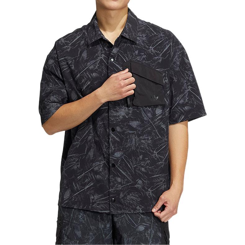 Men's adidas originals SS22 Full Print Pattern Casual Short Sleeve Black Shirt HS9471
