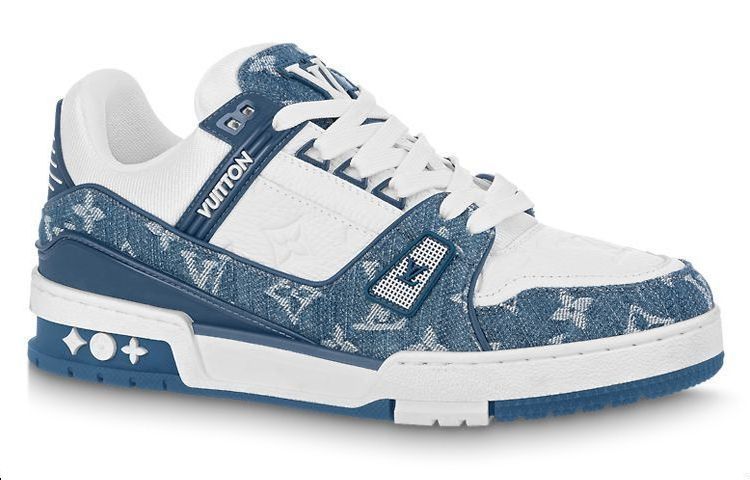 (WMNS) حذاء رياضي LOUIS VUITTON LV Trainer باللون الأبيض مع شعار شبكي أزرق 1AC2AM