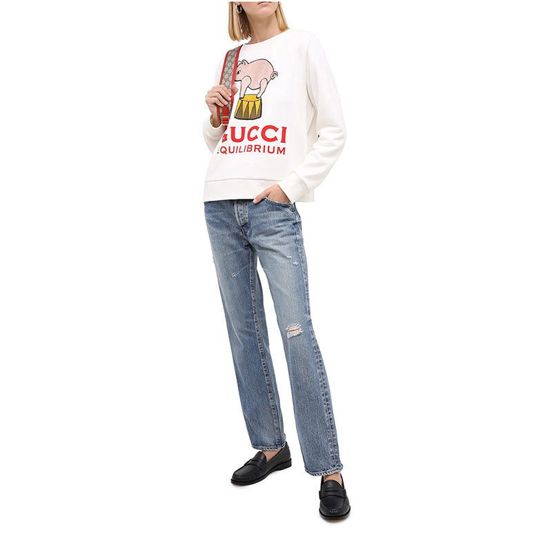 (WMNS) Gucci SS21 Piggy Cartoon Printing Pattern Pure Cotton Round Neck White Hoodie 623450-XJCRW-9095
